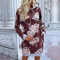 Deep red floral hooded dress with pink prints and contrasting grey ribbed cuffs - S / Burgundy