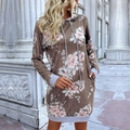 Women hoodie dress in tan with floral print and gray ribbed cuffs for autumn wear - S / Coffee Brown