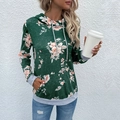 Women's dark green floral hoodie with grey contrasting cuffs and drawstring detail - Green
