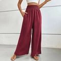 Damenhose in Burgunderrot mit hoher Taille, weitem Bein und gesmoktem Bund - S / Burgunderrot