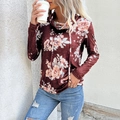 Felpa bordeaux con stampa floreale, collo alto e coulisse regolabile da donna - S / Borgogna