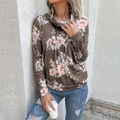 Felpa da donna marrone terra con stampa floreale e collo alto con coulisse - Marrone Caffè