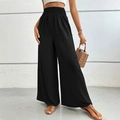 Damenhose mit hoher Taille, gesmoktem Bund, weitem Bein, schwarzer Crinkle-Struktur - S / Schwarz