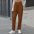 Women's high waist brown corduroy straight leg pants with elastic waist and pockets - S / Camel