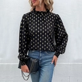 Elegante blusa negra de manga larga con estampado de rombos dorados y puños elásticos - S / Negro