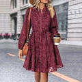 Close-up of wine red lace dress with textured floral patterns and buttoned drawstring waist - S / Burgundy