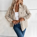 Chic beige and brown plaid tweed shirt jacket with flap pockets and pearl buttons - S / Khaki