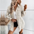 Women's plaid tweed cardigan mid-length jacket with pearl buttons and large pockets - S / Apricot