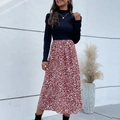 Elegant high-waist patchwork midi dress with black knit top and red swirl print skirt - S / Coffee Brown