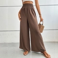 Damenhose mit hohem Bund, weitem Bein und elegantem gesmoktem Taillenbund in Braun - S / Braun