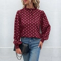 Elegante blusa burdeos de manga larga con estampado de diamantes dorados y cuello volante - S / Burdeos