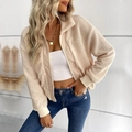 Chaqueta de forro polar sherpa beige para mujer con cremallera y cuello alto - S / Albaricoque