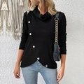Black long sleeve ribbed knit top with diagonal buttons and a turtle neck collar - S / Black