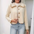 Women's autumn short beige jacket with floral lace trim and button closure details - S / Apricot