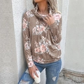 Felpa chic tortora a collo alto con stampa floreale rosa e coulisse regolabile donna - Cachi