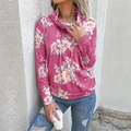 Felpa da donna rosa rossa con stampa floreale, collo alto con coulisse e maniche lunghe - Rosa Rosso