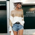 Suéter de punto para mujer con cuello en V y diseño de bloques de color beige y blanco - S / Caqui