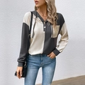 Women's long sleeve waffle knit hoodie with color-block design and V-neck buttons - S / Apricot