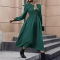 Elegant dark green long sleeve A-line midi dress with smocked bodice and puff sleeves - S / Dark Green