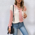 Women's pink and beige color block hoodie featuring waffle knit fabric and button neckline - S / Pink