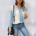 Women's color block waffle knit hoodie in light blue and beige with V-neck button detail - S / Light Blue