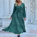 Deep green V-neck long sleeve maxi dress with tiered skirt and waist tie details - S / Dark Green