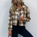 Short plaid wool shacket for women featuring brown and beige checks and front pockets - L / Khaki