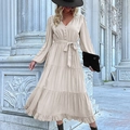 Elegant beige V-neck long sleeve tiered dress with waist tie and button front detail - S / Apricot