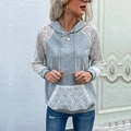 Women's gray hooded sweatshirt featuring elegant white lace patchwork on sleeves and pocket - S / Light Gray