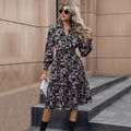 Floral print long sleeve V-neck dress for women with elastic waist and layered skirt - Black