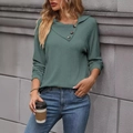 Chic sage green textured long sleeve hoodie for women with asymmetric button collar detail - Teal