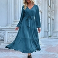Elegant long sleeve dark teal V-neck tiered maxi dress with drawstring waist and ruffles - S / Blue
