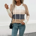 Jersey con capucha para mujer de punto calado con rayas color-block en caqui y gris - L / gris oscuro