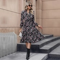 Floral V-neck long sleeve waist tie dress with tiered ruffle hem in black and pink - Black