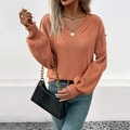 Chic women's V-neck knit sweater in brick red with lantern sleeves and textured details - S / Redwood