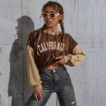 Women's cropped color-block hoodie in brown and khaki with California print - XS / Coffee Style (WY1008)
