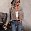 Short plaid houndstooth jacket for women with lapel collar and button front - S / Coffee Brown