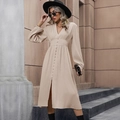 Elegant beige V-neck long sleeve dress with textured fabric and front split detail - M / Apricot