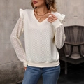 Top a maniche lunghe bianco crema con texture trapuntata e pizzo con volant - S / Albicocca