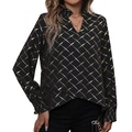 Blusa de mujer con cuello en V y manga larga con cuadros dorados y dobladillo irregular - S / Negro