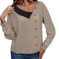 Chemisier femme à manches longues avec col noir asymétrique et boutons décoratifs - S / Marron