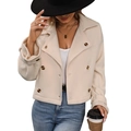 Short cream fleece jacket with lapel collar and tortoiseshell buttons for women - S / Apricot