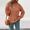 Women's casual orange knit sweater with crew neck and stylish front pocket detail - Orange