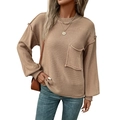 Front view of camel knit sweater with round neck, pocket detail, and ribbed cuffs - S / Khaki