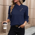 Haut à manches longues bleu marine pour femme avec motif losange et boutons sur l'épaule - Bleu Marine