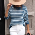 Pull en tricot à rayures horizontales bleu et blanc avec col rond et poignets - S