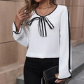 Elegant white long sleeve shirt for women with contrast bow tie and black trim details - S / White