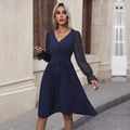 Elegant navy blue pleated dress with long lace sleeves and a stylish open back design - S / Navy Blue