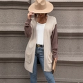 Women's long knit cardigan in beige and reddish-brown contrast with two front pockets - S / Khaki