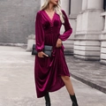Elegant deep wine red velvet long dress with lace V-neck and long sleeves for autumn - S / Burgundy